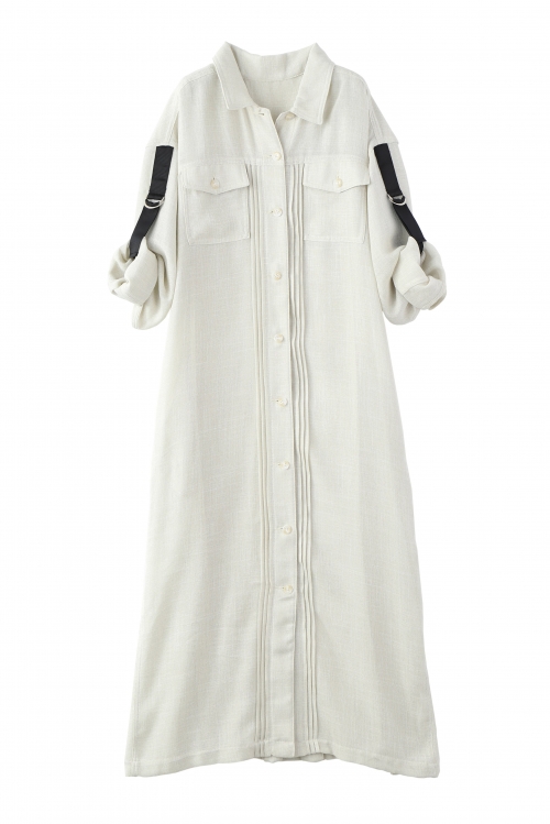 BACK PLEATS LINEN LIKE SHIRT DRESS