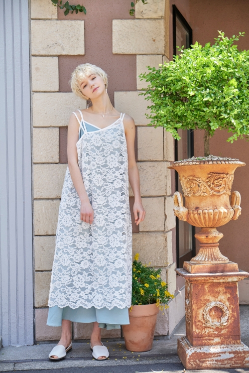 レースxスムースサテンレイヤードキャミワンピ