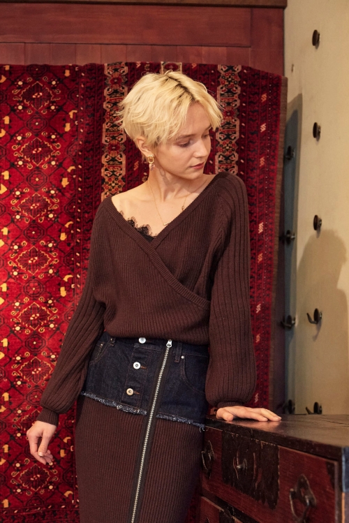 RIB KINT CACHE-COEUR TOPS/リブニットカシュクールトップス