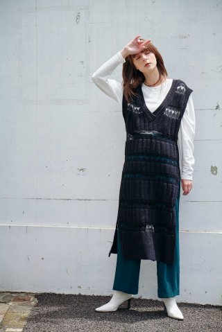 BORDER STITCH LONG KNITTING VEST/異素材ボーダーニットベスト
